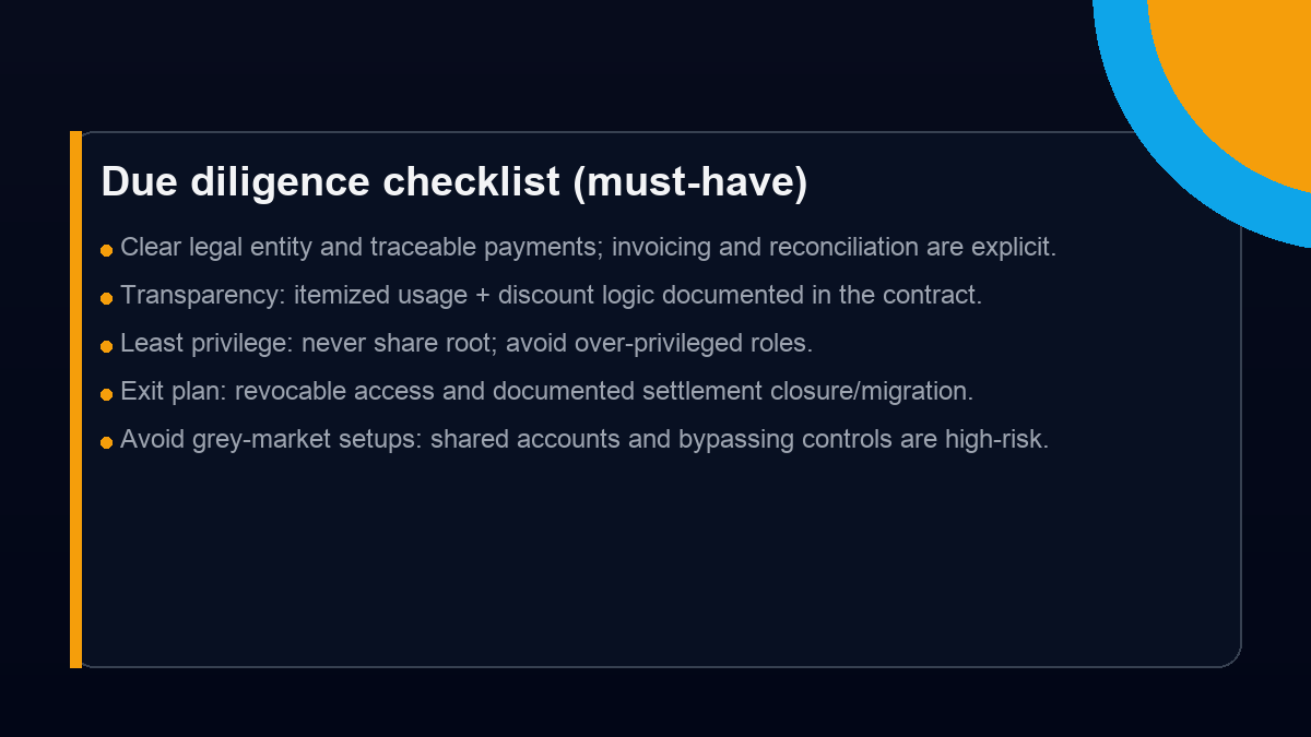 AWS reseller due diligence checklist: legal entity, transparency, least privilege and exit plan