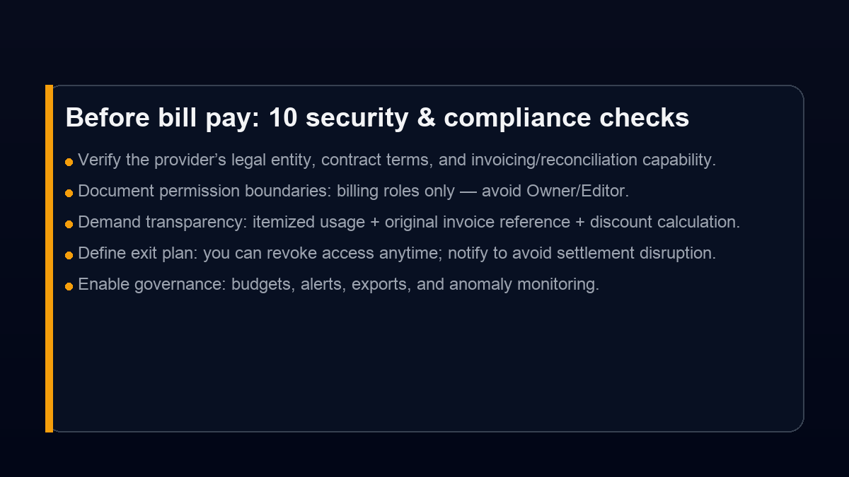 Bill pay checklist: verify provider, define permission boundaries, transparency, and exit plan