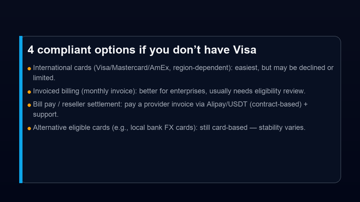 Payment options without Visa: cards, invoiced billing, bill pay settlement, alternative eligible cards