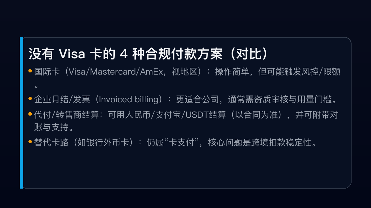 没有 Visa 卡的付款方案对比：国际卡、发票月结、代付结算、替代卡路